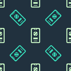 Green and beige Smartphone with baseball ball on the screen icon isolated seamless pattern on blue background. Online baseball game for mobile phone. Vector