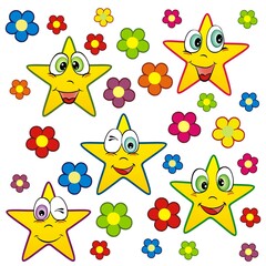 Cute cartoon star set. Funny yellow stars in different poses with flowers illustration.