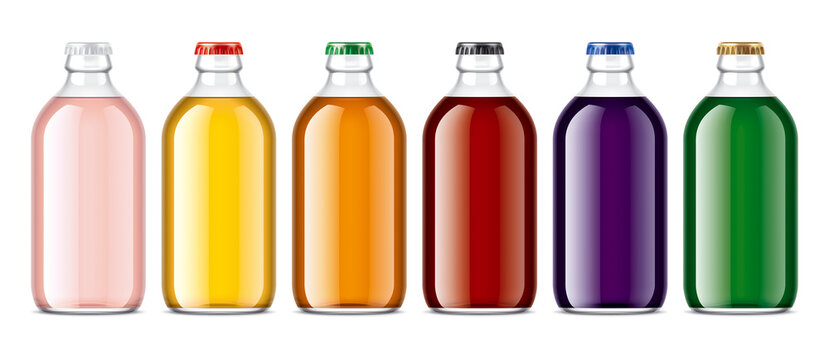 Set of Glass Bottles with transparent Juices.