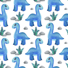 Seamless pattern with a blue dinosaur. Diplodocus on a white background with stones. Children's dino print in cartoon style for fabric, paper, wallpaper