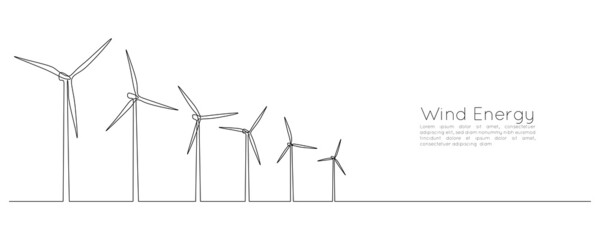Windkraftanlagen und Windmühle in einer durchgehenden Strichzeichnung. Konzept für grüne Energie und erneuerbare Energiequellen im einfachen linearen Stil. Webbanner. Umriss-Vektor-Illustration