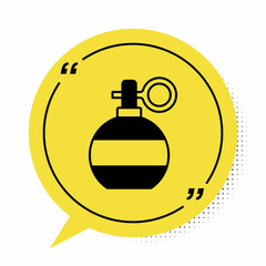 Black Hand grenade icon isolated on white background. Bomb explosion. Yellow speech bubble symbol. Vector