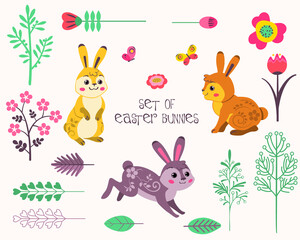 Easter set of cute and funny bunnies. Floral elements for brushes. Flat vector isolated on white background.