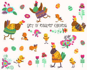 Easter set of colorful, cute and funny chickens and hens. Bouquets, flowers and Easter eggs. Flat vector isolated on white background.