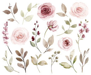 Set watercolor flowers painting, floral vintage illustrations with roses and leaves. Decoration for poster, greeting card, birthday, wedding design. Isolated on white background.