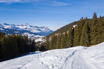 The hiking trails in front of the Chaine des Aravis in Europe, France, Rhone Alpes, Savoie, Alps, in winter, on a sunny day.