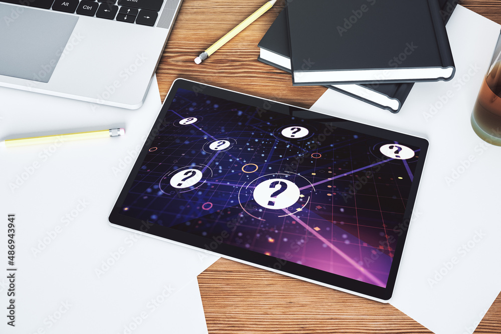 Aufkleber creative abstract question mark hologram on modern digital tablet display, future technology concept