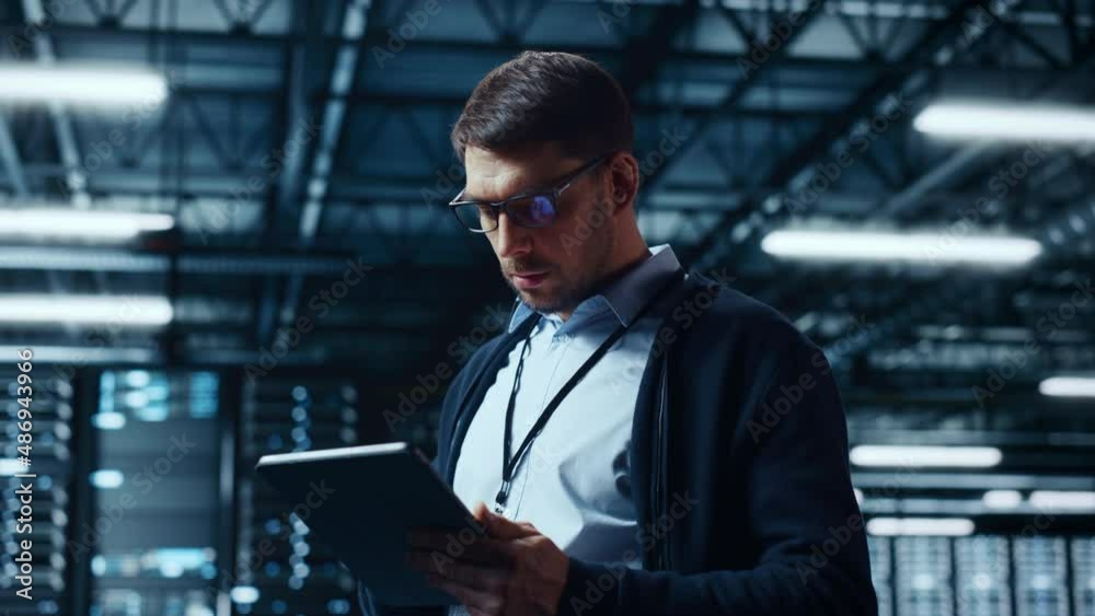 Aufkleber Male IT Specialist Walks Between Row of Operational Server Racks in Data Center. Engineer Uses Tablet Computer for Maintenance. Concept for Cloud Computing, Artificial Intelligence, Cybersecurity.