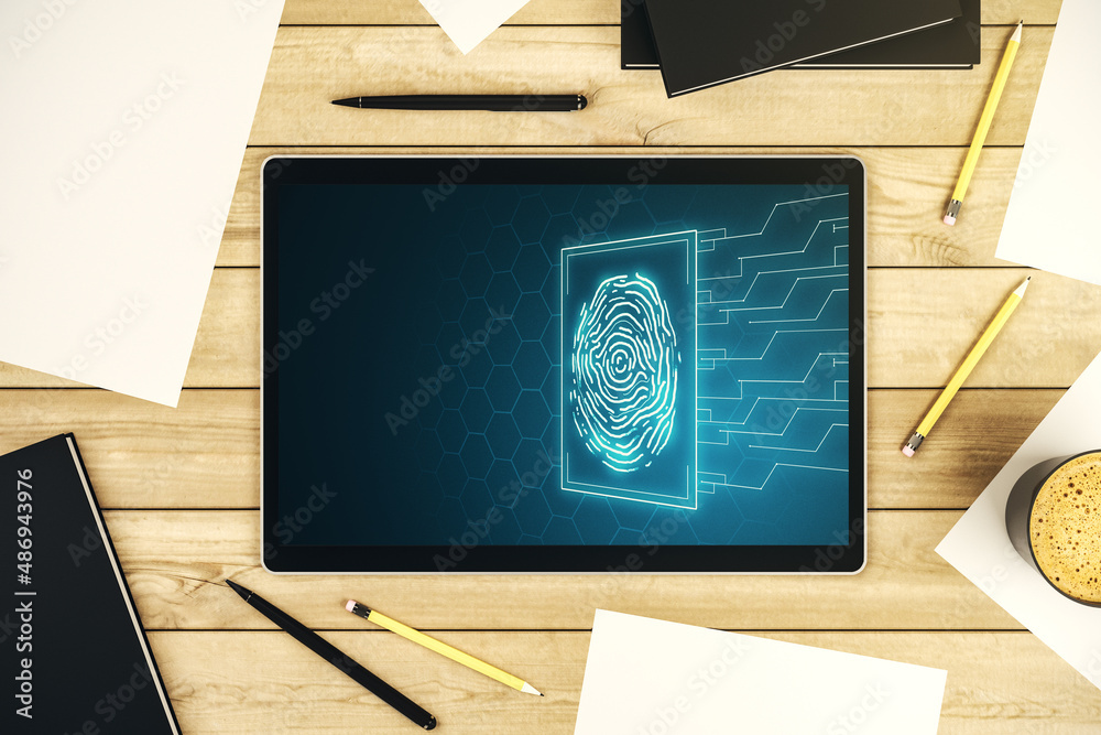 Poster Modern digital tablet monitor with abstract fingerprint scan interface, digital access concept. Top view. 3D Rendering