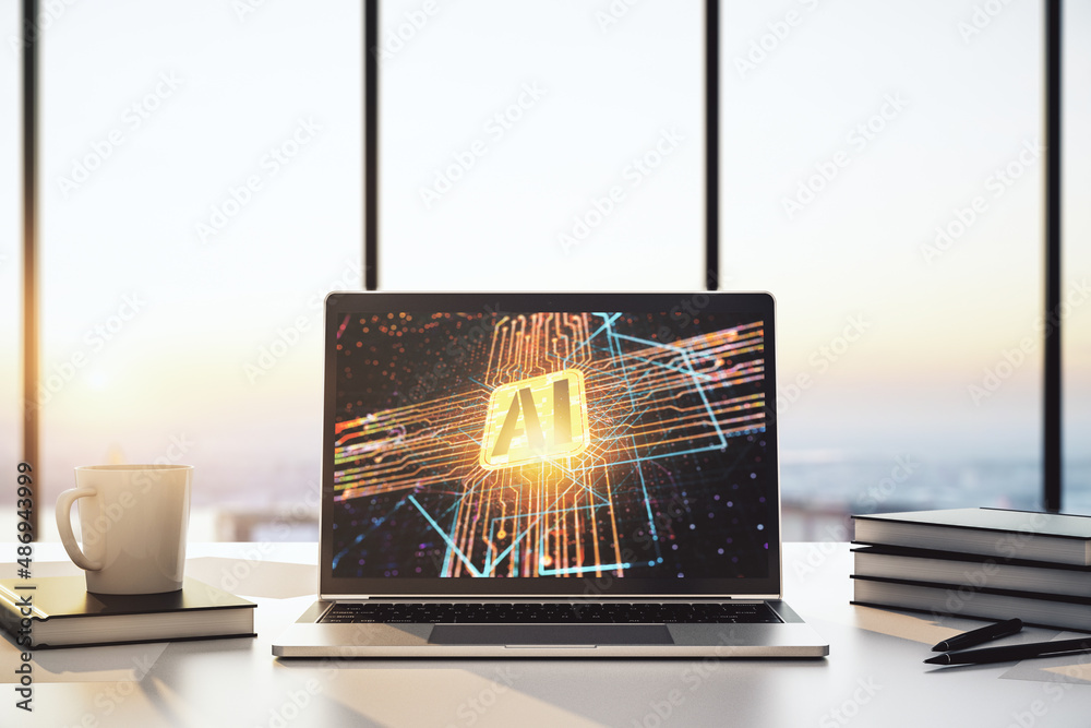 Poster modern computer monitor with creative artificial intelligence icon. neural networks and machine lear