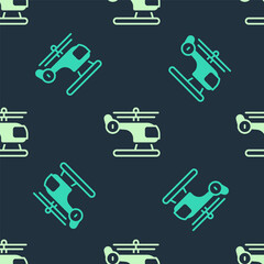 Green and beige Helicopter aircraft vehicle icon isolated seamless pattern on blue background. Vector