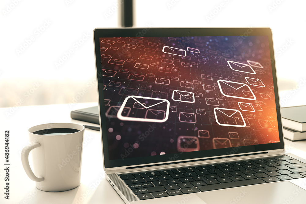 Poster Creative abstract postal envelopes sketch on modern laptop monitor, e-mail and marketing concept. 3D Rendering
