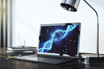Creative concept with DNA symbol illustration on modern laptop screen. Genome research concept. 3D...