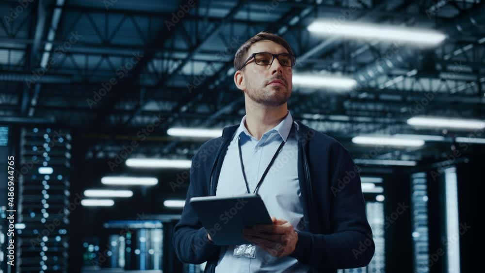 Aufkleber Successful Data Center IT Specialist Using Tablet Computer. Server Farm Cloud Computing Facility with System Administrator Working. Data Protection Engineering Network for Cyber Security.