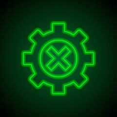 Gear vector simple icon. Flat desing. Green neon on black background with green light.ai