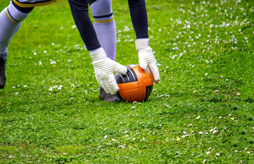 Professional football or soccer goalkeeper in action on stadium positioning ball.