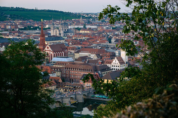 Sunset over the river Main and the streets from Würzburg in Germany.