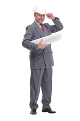 senior engineer holding some projects and smiling to the camera