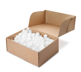 Cardboard box with styrofoam cubes isolated on white