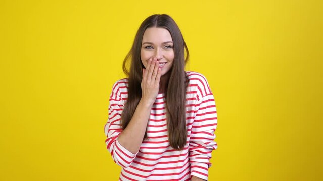 Cute sweet lady share confidential news isolated bright color background 