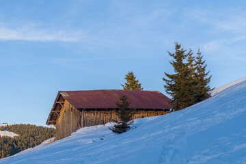 A chalet in the mountains and forests in the Mont Blanc massif in Europe, France, Rhone Alpes, Savoie, Alps, in winter, on a sunny day.