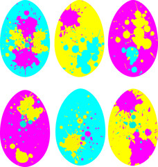 Vector coloful easter eggs set : pink, yellow, blue, with blots, drops, splashes. Isolated on white elements for art design  holiday  card, poster. invitation, package.