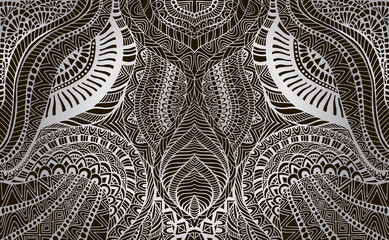 Vintage psychedelic fractal mandala pattern. Ethnic style, silver gray gradient colors, isolated on black background. Vector illustration.