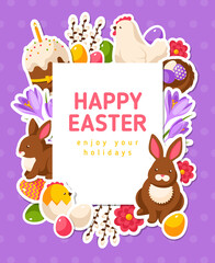 Happy Easter Banner with Flat Icons and Square Frame. Vector Illustration. Polka Dots Violet Textured Backdrop. Spring Holiday Concept Symbols. Cute Egg Hunt Party Invitation.