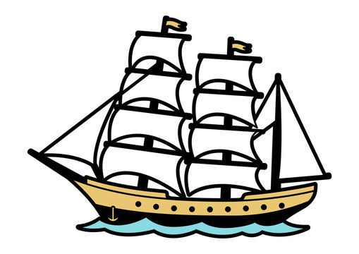 Illustration of sailboat or ship. Marine or nautical image for travel or trip.
