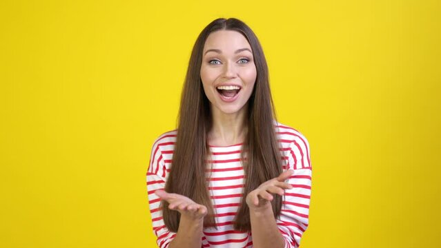 Lady look incredible present impressed isolated bright color background
