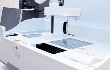 modern blood analyzer. concept of medical, chemicals or scientific laboratory research and Innovation in the laboratory.