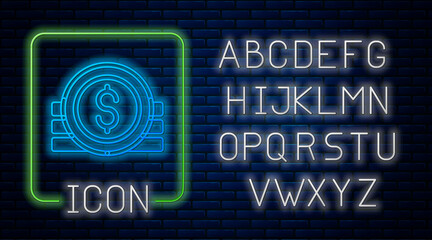 Glowing neon Ancient coin icon isolated on brick wall background. Neon light alphabet. Vector