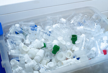 Danger laboratory chemical and medical waste. Plastic waste and ecology