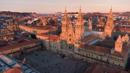 Fototapeta na wymiar Aerial view of the Obradoiro facade of the cathedral of Santiago de Compostela at sunset 