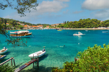 Popular touristic resort Cavtat town near Dubrovnik in Croatia with turquoise water bay. Summer vacation
