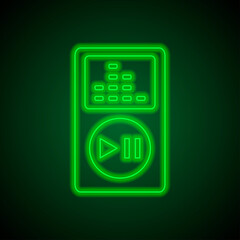 Player musical simple icon. Flat desing. Green neon on black background with green light.ai