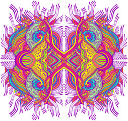 Surreal colorful abstract psychedelic doodle pattern, isolated on white background. Hippie abstract trippy pattern, maze of ornaments.