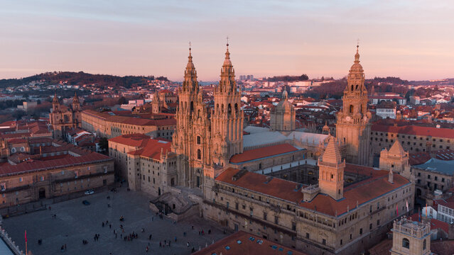 Aerial view of the Obradoiro facade of the cathedral of Santiago de Compostela at sunset
