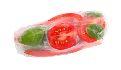 Vegetarian spring roll wrapped in rice paper isolated on white, top view