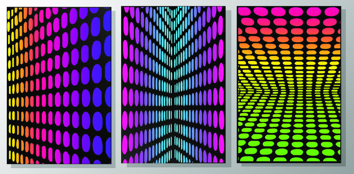 Variety of trippy effect backgrounds, contrasting colours. Fluorescent circles on black backdrop. Geometric shapes in perspective, optical illusion.vector illustration.