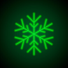 Snowflake simple icon. Flat desing. Green neon on black background with green light.ai