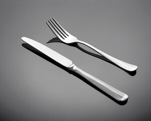 Cutlery set - table knife and fork on a gray glossy background. Cutlery is arranged diagonally.