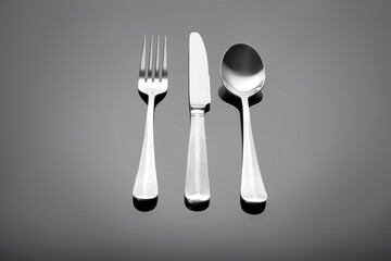 Cutlery set - fork, table knife and table spoon on a gray glossy background