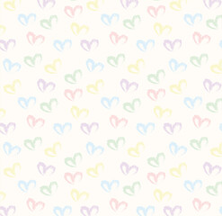 Seamless pattern of hand drawn hearts in pastel rainbow colors on beige and neutral background