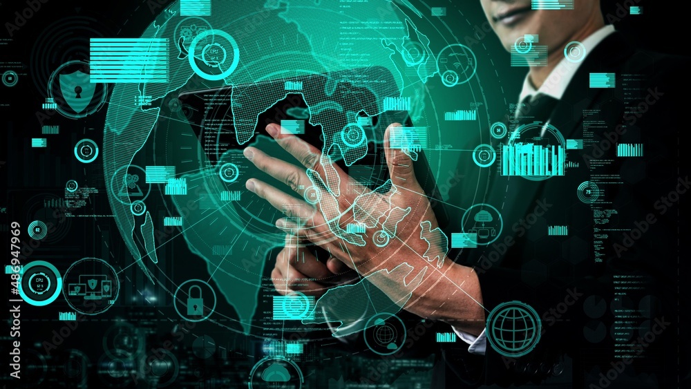 Poster cyber security encryption technology to protect data privacy conceptual . 3d render computer graphic
