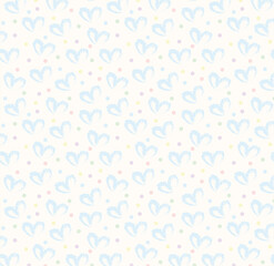 Seamless pattern of hand drawn hearts in blue on beige and neutral background with colored dots in pastel rainbow colors