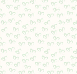 Seamless pattern of hand drawn hearts in pastel green color on beige and neutral background