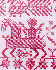 Russian vintage traditional antique cross stitch red-white embroidery background