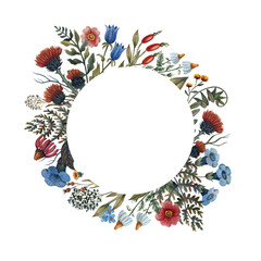 Watercolor illustration, circular floral arrangement. Design element.