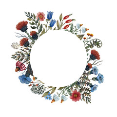 Watercolor illustration, circular floral arrangement. Design element.
